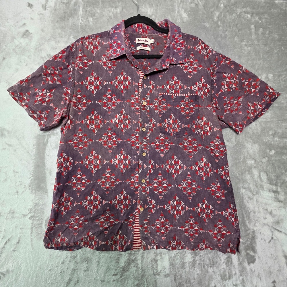 Fabindia Mens Bush Shirt Large Purple Geometric Block Print Short Sleeve